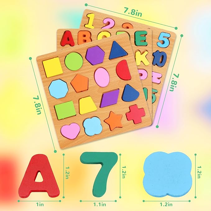 Alphabet Wooden Puzzles for Toddlers 3-5, Pack of 3 ABC, Number and Shape Puzzle, Preschool Educational Learning Toys with Puzzle Board & Letter Blocks for Girls Boys Ages 3 4 5 Years Old - Image 2