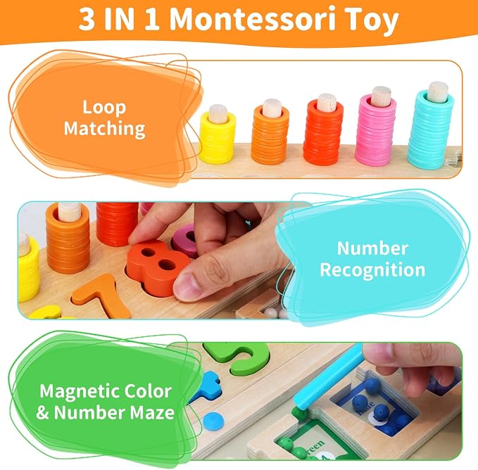 3 in 1 Montessori Toys for 3+ Year Old, Education Toys for Preschool Learning Activities, Wooden Magnetic Color and Number Maze, Sorting Counting Color Matching Toddler Puzzle - Image 2
