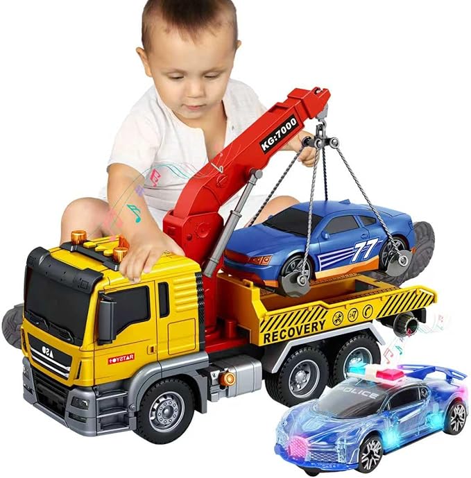 Friction Powered 15 Inch Large Tow Truck Toy with Lights & Sounds, Movable Crane Arm, Tilt Ramp & Roadster - Vehicle Play Set Gift for Boys Girls Kids Ages 3-7