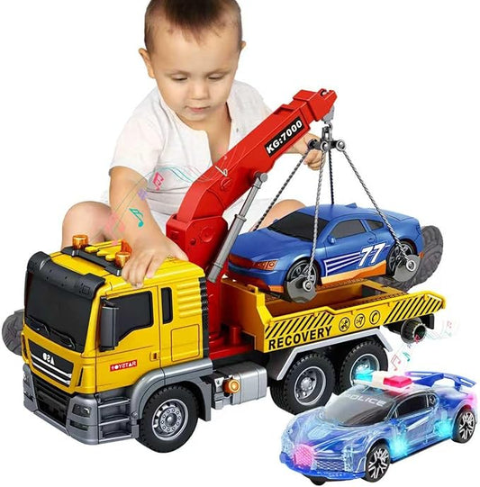 Friction Powered 15 Inch Large Tow Truck Toy with Lights & Sounds, Movable Crane Arm, Tilt Ramp & Roadster - Vehicle Play Set Gift for Boys Girls Kids Ages 3-7