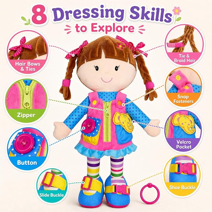 June Garden 15.5" Dressy Friends Belle - Educational Stuffed Plush Doll for Kids and Toddlers 2 Years and Up - Montessori Buckle Soft Toy - Image 2