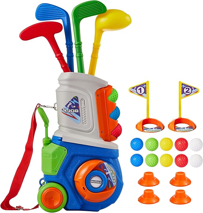 PJG Toddler Golf Set, Plastic Kids Golf Clubs 3-5 with 4 Golf Clubs and 10 Balls, Indoor and Outdoor Golf Toys with Cart for Toddlers Boys and Girls Aged 1 2 3 4 5 Years Old Birthday