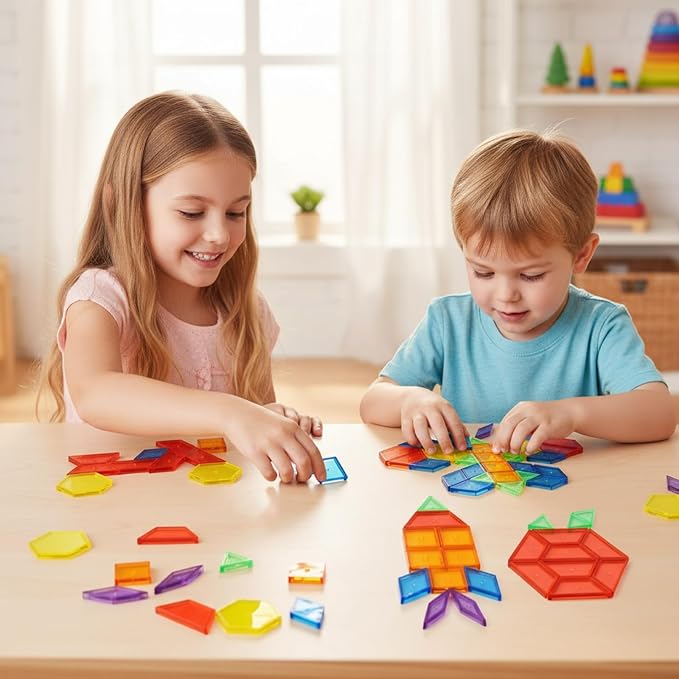 Faccito 200 Pcs Geometric Set Light Table Manipulatives Include 140 Translucent Pattern Blocks 60 3D Shape Geometric Solids with Dice for Educational Teaching Light Table Accessories - Image 4