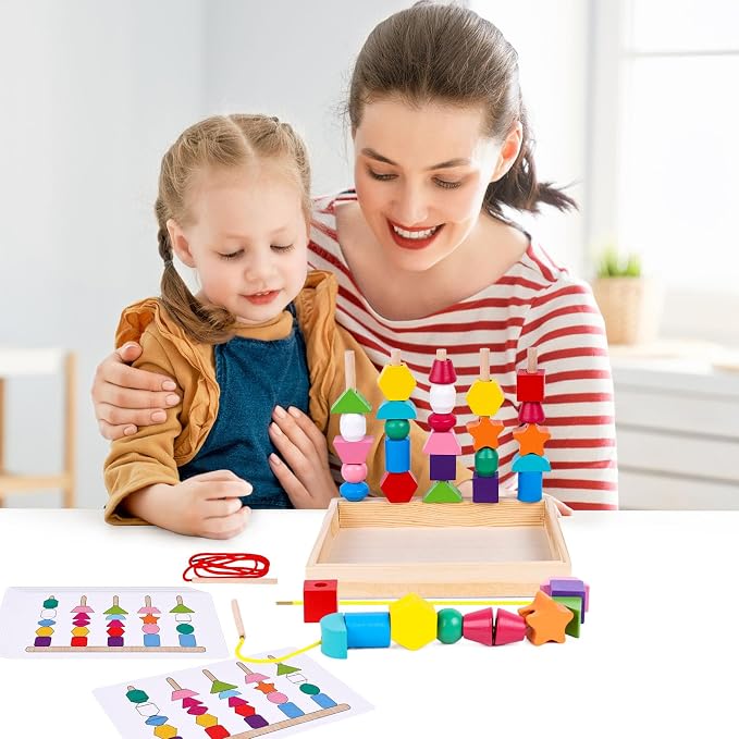 LovesTown Beads Sequencing Toy, Wooden Shape Stacking, 8 Cards, Frame - Image 4