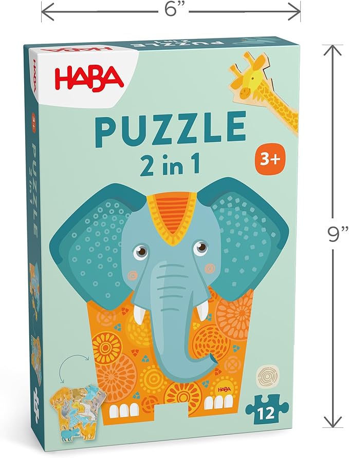 HABA Wooden Puzzle Elephant - 2 in 1 Reversible Puzzles for Kids Ages 4-6, Durable Educational Toys and Wooden Montessori Toys