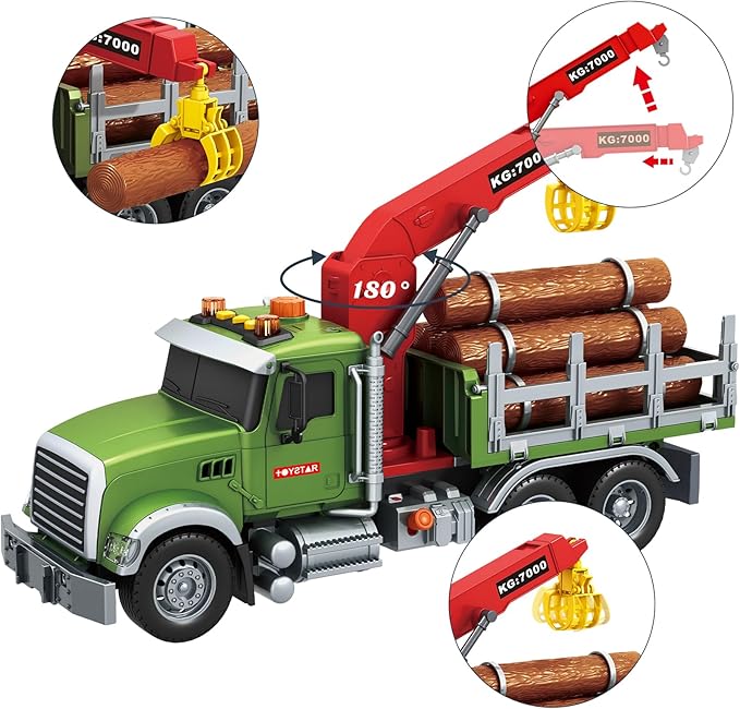 15 Inch Friction Powered Timber Truck Toy with Loading Crane, 6 Wooden Logs & Lights/Sounds - Play Vehicle Gift for Boys Girls Kids Ages 3-7