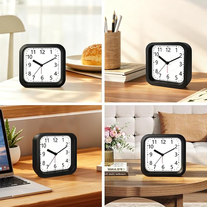 Loud Alarm Clock for Heavy Sleepers, 4.5" Simple Square Analog Alarm Clocks with Silent Movement Battery Operated Easy-to-Read Dial, Plastic Small Desk Clock for Bedroom Teens Seniors, Black - Image 8