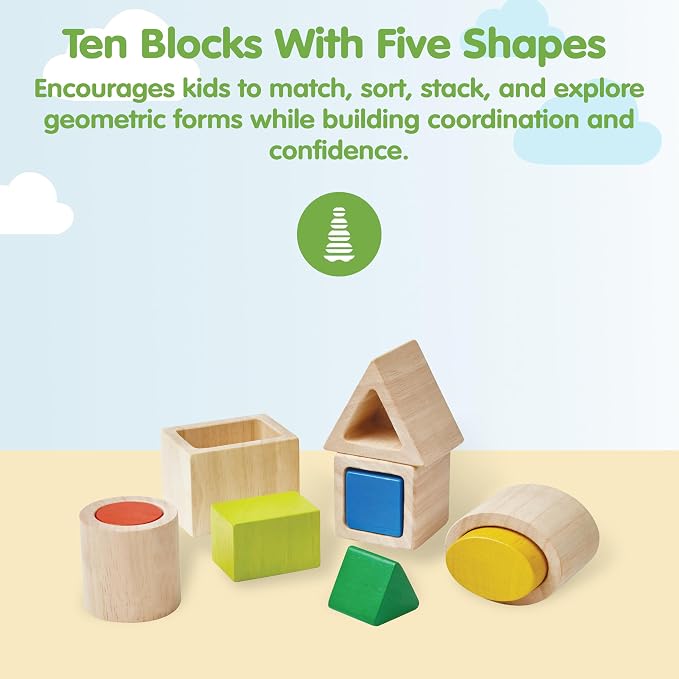 PlanToys® Geo Matching Blocks Wooden Shape Sorting Toy for Kids Ages 2+ - Image 2