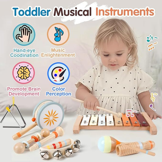 Wooden Toddler Musical Instruments Set, 9PCS Kids Montessori Toys, Baby Toys with Xylophone & Drum, Educational Gift for Ages 1, 2, 3 Year Olds