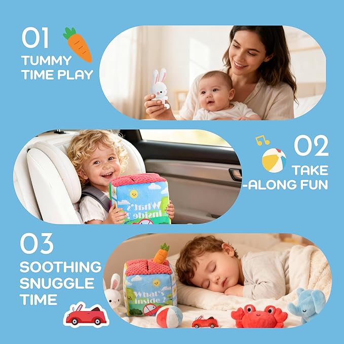 Baby Toys 6-12 Months - Mystery Soft Box with 8 Sensory Plush, Whats Inside Box with Rattle, Crinkle, Mirror, Montessori Toys for Toddlers 1-3, Early Development Christmas Birthday Gift