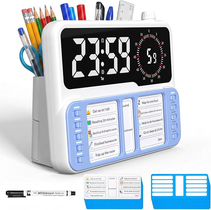 7-in-1 Visual ADHD Timer for Kids with Chore Chart Board, ADHD Tools Schedule for Kids with Autism, Alarm, Countdown, Date, Temperature, Storage, Daily Checklist for Home/School/Classroom/Desk(Blue) by Nisuez