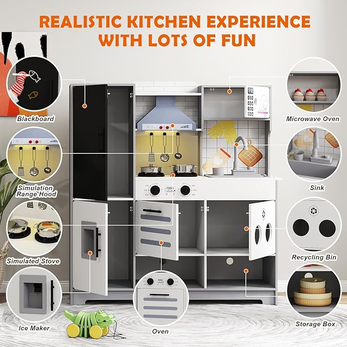 JOYDIAS Kids Play Kitchen Set, Pretend Wooden Kid Kitchen Playset Toy Kitchen w/Sound and Light, Running Water, Oven, Ice Maker, Blackboard & Recycling Bin, Toddler Kitchen for Kids Ages 3+