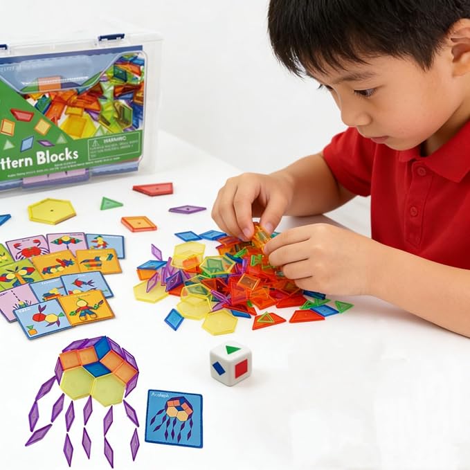 140PCS Translucent Pattern Blocks Set with Activity Game Cards, Geometric Shapes, Light Table Accessories, Math Manipulatives STEM Educational Toy for Kids - Image 2