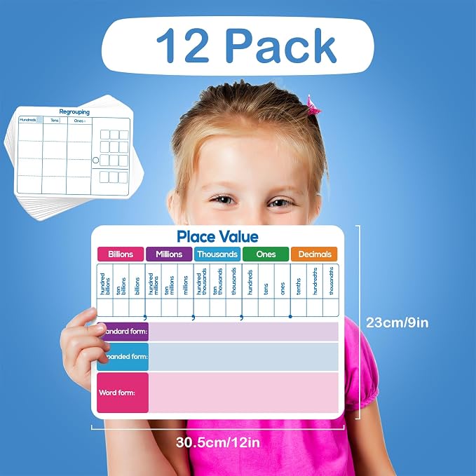 Aizweb 12 Pack Place Value Dry Erase Board Card,12" x 9"Regrouping Base Ten Small Whiteboard Math Manipulatives Addition Subtraction Game for Student Classroom Must Have Homeschool Teacher Supplies - Image 2