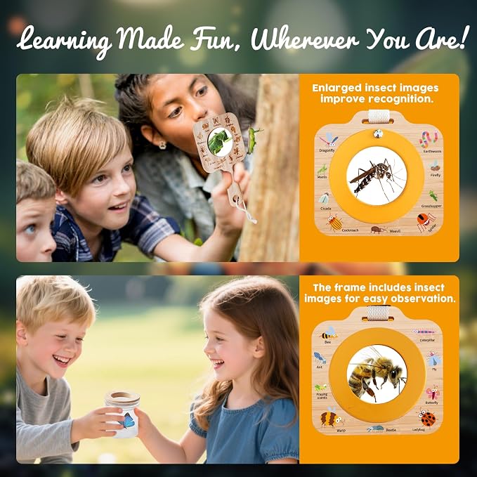 Wooden Insect Observation Kit for Kids,10Pcs Outdoor Nature Explorer Set, Insect Habitat Cage,Butterfly Net,Magnifying Glass,Compass STEM Education Toy, Birthday Backyard Gift for 3+ Boys & Girls - Image 6