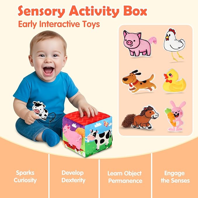 Avesa Baby Toys 6-12 Months - Soft Sensory Box Infant Toy with Stuffed Animals, Rattle, Crinkle Paper, Mirror - 6 Month Old Must Haves Boy Girl Babies Birthday for 1 Year Old Learning Toys