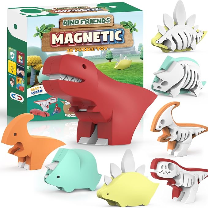Magnetic Animal Building Toys, STEM Toddler Learning Toys 3D Puzzle Animals for Boys Girls, Educational Magnetic Travel Montessori Toy Lion Elephant, Unique Birthday Gift (Dinosaur Animals, Count, 4) by Toycost