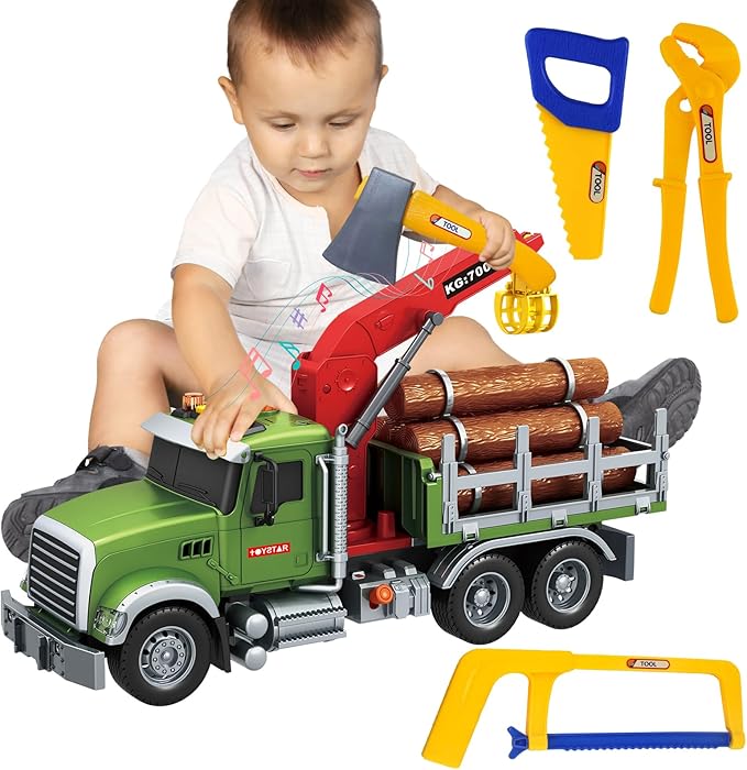 15 Inch Friction Powered Timber Truck Toy with Loading Crane, 6 Wooden Logs & Lights/Sounds - Play Vehicle Gift for Boys Girls Kids Ages 3-7