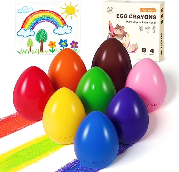 Egg Crayons for Toddlers 1-3, 8 Pack Jumbo Palm Grasp Crayons with Anti-Roll Flat Bottom & Fruit Patterns - Washable, Non-Toxic & Unbreakable Art Supplies for Kids, Gift for Boys & Girls