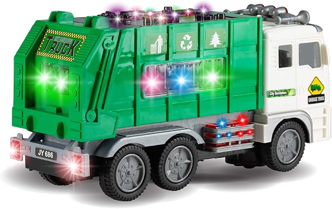Zetz Brands Toy Garbage Truck with 4D Lights & Sounds for Boys, Toddlers, Kids 3+ - Trash Trucks Vehicle, Push Toy Car, Bump & Go w/Recycle and Sanitation Sticker – Ideal Birthday