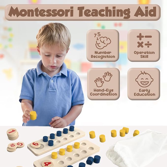 TEUVO Counting Peg Board Montessori Toys for Kids Aged 3 4 5 6 Years Old, Montessori Math Manipulatives Materials Wooden Preschool Learning Number and Counting Games for Home School Classroom Teaching - Image 2
