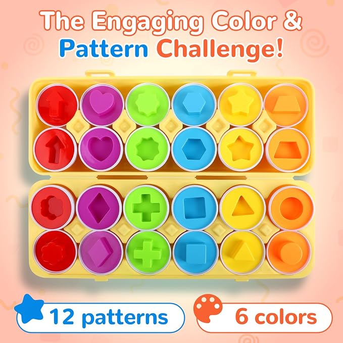 USATDD Matching Eggs for Toddlers Montessori Geometric Eggs Color & Shape Recognition Toy, Fine Motor Skills Shape Sorter Puzzle, Easter Eggs Toys Gifts for Kids, Easter Basket Stuffers - Image 3