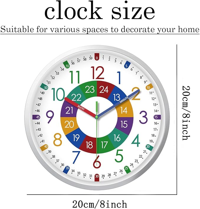 XFM Wall Clock for Kids Teaching Time 8 Inch Silent - Image 6
