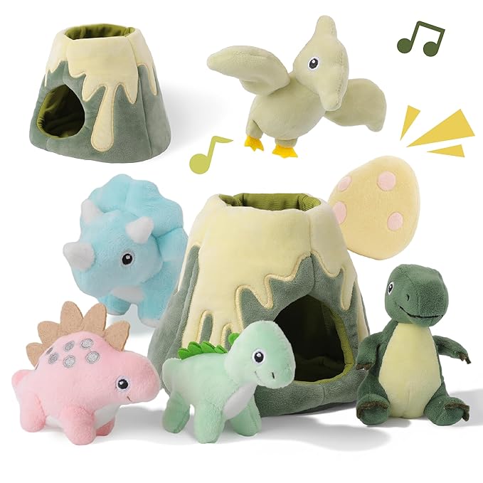 Baby Toys 6-12 Months – My Little Volcano with 5 Stuffed Dinosaurs, Montessori Toy with Rattle, Crinkle, Squeaker, Sensory Toys for Toddlers 1-3, Early Development Christmas Birthday Gift
