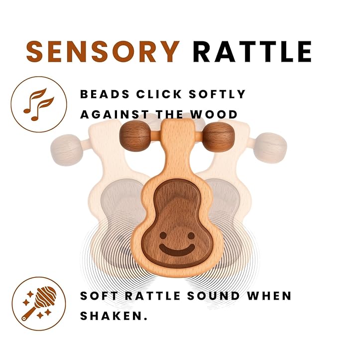 Wooden Montessori Sensory Baby Toy for 0-12 Month - Natural Wood Baby Teether & Rattle - Handcrafted Organic Teething Toy - CPSIA Certified Safe BPA Free No Paint No Plastic - Baby Boy Girl Gift