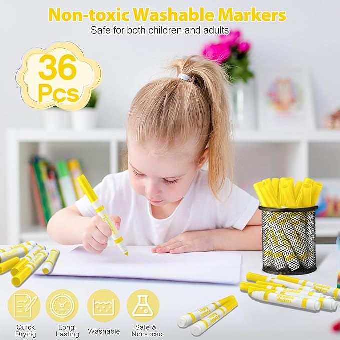 Janlaugh 36 Pcs Yellow Washable Markers Bulk Coloring Broad Line Markers for Kids Conical Tip Drawing Pen for Christmas, School Supplies, Travel Art Baby Shower Gender Reveal Party Supplies, Ages 6+