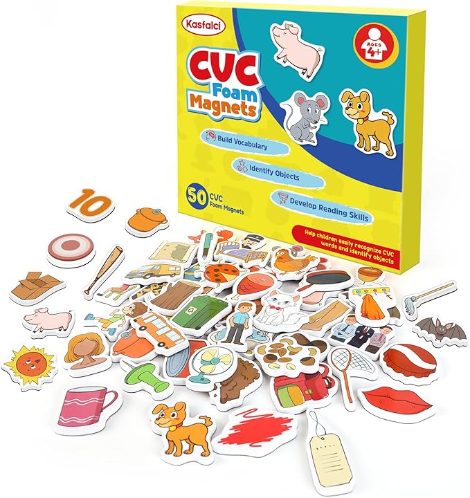 Kasfalci CVC Word Magnets for Toddlers 1-3, 50 Fridge Magnets for Kids, Back to School Supplies, Cute Animal Magnetic Objects, Speech Therapy Toys for Kids Toddlers Preschool Learning Spelling by Kasfalci