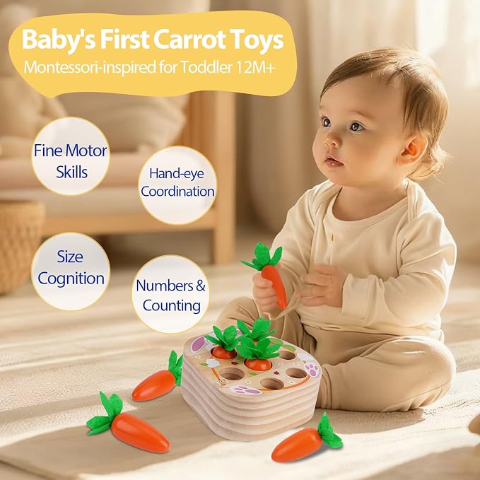 KMTJT Montessori Toys for 2 3 Year Old Toddlers | Wooden Carrot Harvest Toy - Image 2