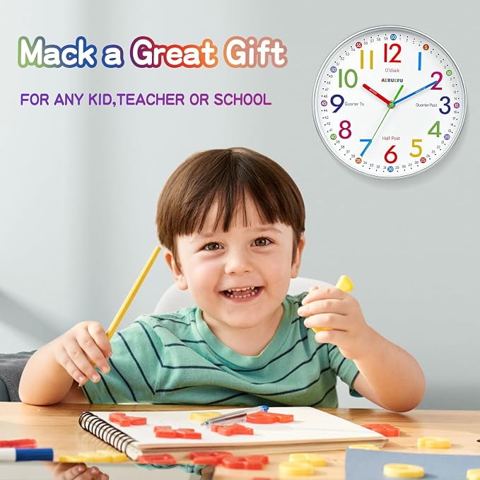 Wall Clock for Kids Learning Tell Time Easily Non-Ticking Battery Operated Kids Teaching Time Clock- Analog Colorful Clock Decorative for Kids Room,Classroom,School,nursery school,playroom(10 Inch) - Image 2