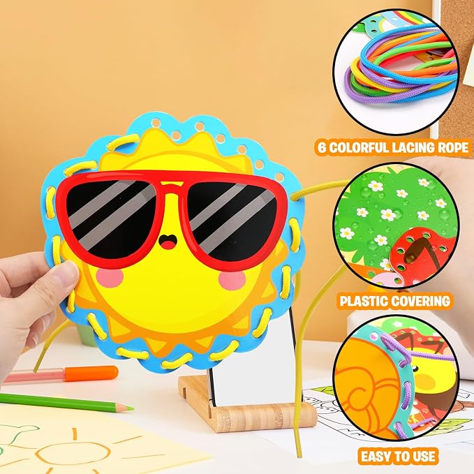 Omlisca Springtime Lacing Cards for Kids 12 Packs Double Sided Sewing Kits Flower Rainbow Butterfly Sewing Cards Educational & Learning Activities Fine Motor Skill for Preschool Supplies Spring Decor - Image 4