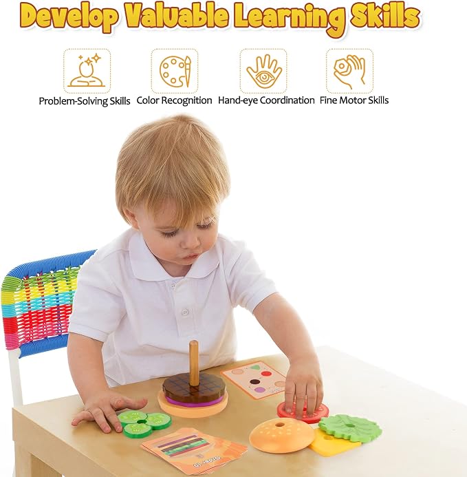 Aizweb Montessori Toys for 3 Year Old - Wooden Burger Stacking Toys for Toddlers and Kids Preschool, Educational Toys, Fine Motor Skill Toy, Blocks for Toddlers, Learning Toys - Image 3
