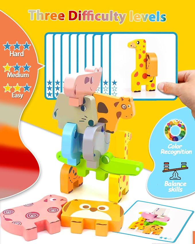 Vaiheng Toys for Toddlers 1-3, Montessori Toys for 1 2 3 4 Year Old Boys & Girls, Toy Age 2-4 0-2 Kids Baby, 1 2 3 Year Old Girls Boys Gifts, Wooden Animal Blocks Stacking Education Puzzles Toy - Image 3
