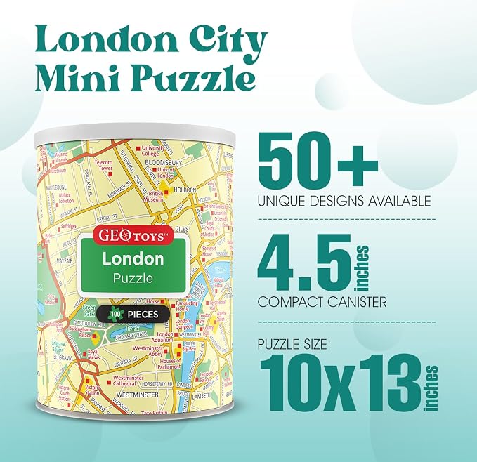 Geotoys London Mini Puzzle - 100 Piece Puzzles for Kids and Adults in Portable Can, 13" x 10" Educational Travel Puzzle for Ages 7 and Up - Mini Puzzles to Learn & Explore Geography - Image 2