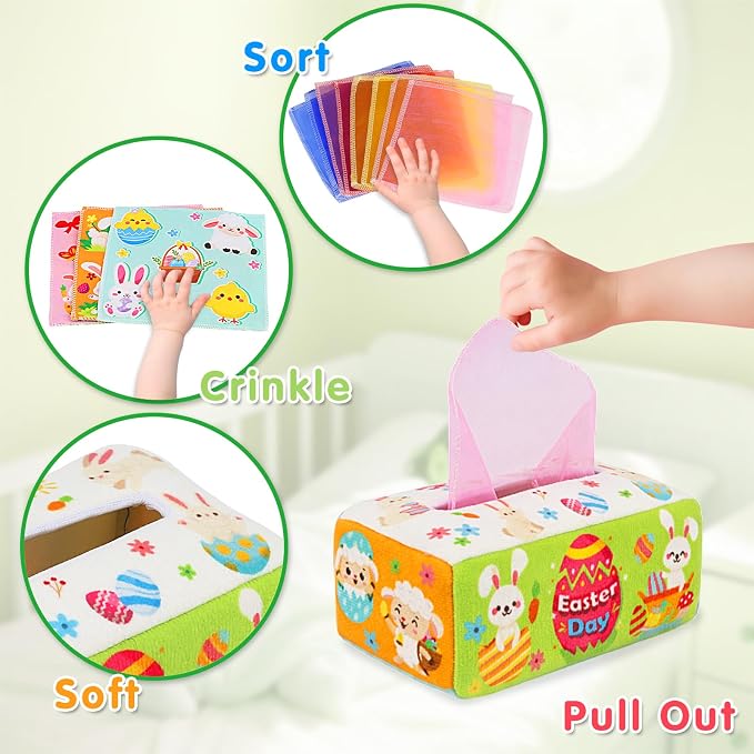 Easter Baby Toys - Easter Basket Stuffers for Babies 6-12 Months - Baby Tissue Box Toy Montessori Soft Stuffed Bunny High Contrast Crinkle Infant Sensory Toys 6 7 8 9 Months Easter Boy Girl Gifts - Image 5