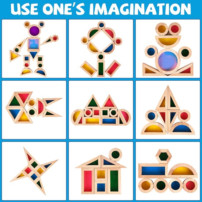 Agirlgle Wooden Rainbow Building Blocks for Kids 32 Pcs Rainbow Stacker Stacking Blocks Game Colorful Construction Toys Preschool Learning Educational Toys -Geometry Wooden Blocks for Boys & Girls - Image 4