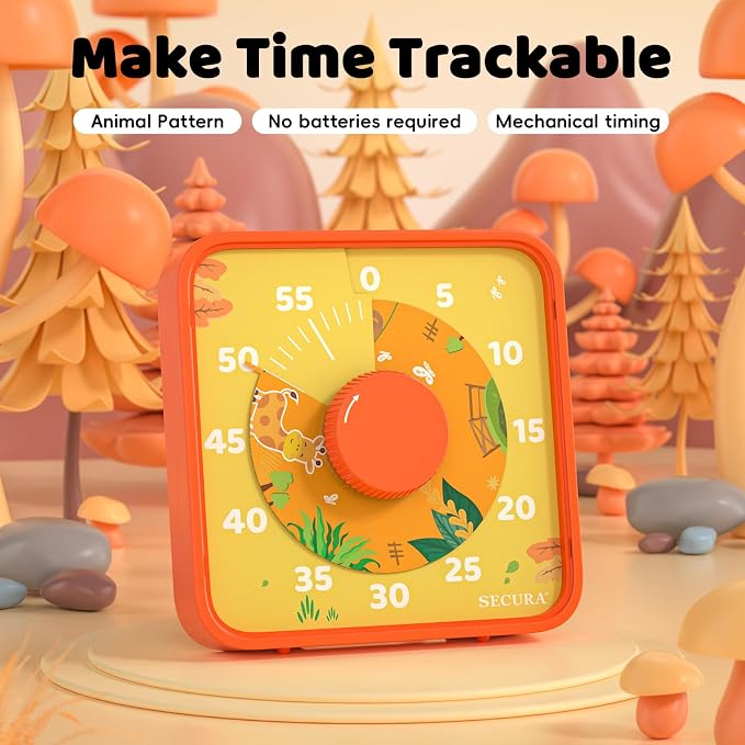 Secura 7.5-Inch Animal Pattern Visual Timer for Kids, 60-Minute Countdown Timer for Classroom or Kitchen, Durable Mechanical Timer Clock with Magnetic Backing (Orange) - Image 2