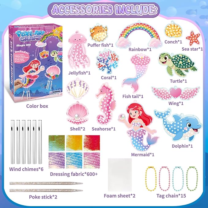 YOTOY Poke Arts and Crafts Kits for Kids - Ocean Poke Art Kit with Wind Chime Craft, Toys for Girls Ages 4-10, DIY Decor Creative Activit Game, Birthday Gift for 4 5 6 7 8 9 Year Old