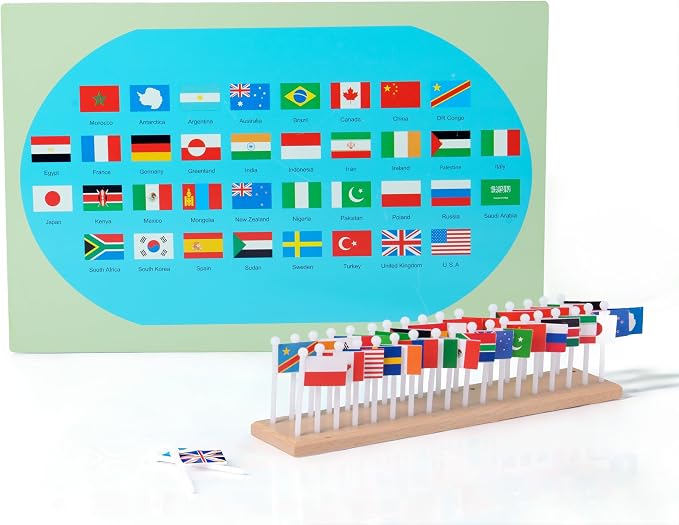 Premium Montessori World Flags Set with 22" Wooden Map- 36 Country Flags, Solid Beechwood, Educational Toy for Kids, Homeschool Classroom Geography Materials(Flags of The World) (Flags of the World) - Image 3