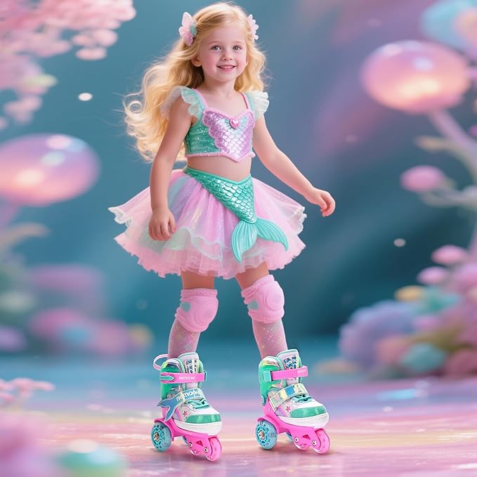 NEMONE Mermaid 4 Size Adjustable Light up Roller Skates for Girls, Purple Blue Skates for Toddlers, Beginner Kids Butterfly Roller Skates Indoor Outdoor