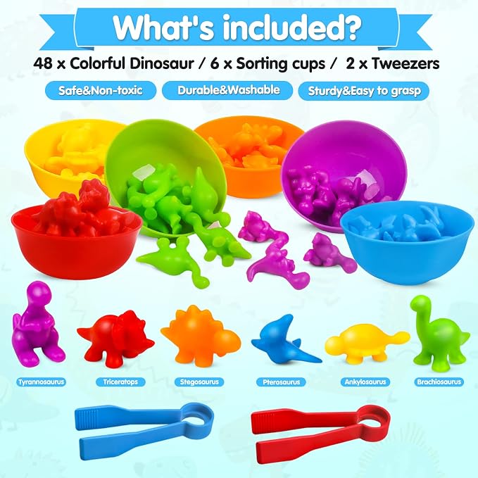 USATDD Counting Dinosaurs Montessori Toys Color Sorting Animals Matching Games Preschool Learning Activities Educational Sensory Toys Birthday for Kids Toddlers Boys Girls Age 3+ - Image 3