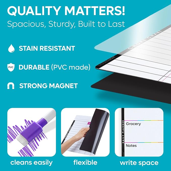 Magnetic Chore Chart Dry Erase Whiteboard Set - Pocket Charts for Multiple Kids, Teens & Adults (15"x 11.5"), Daily to-Do, Grocery, Notes (9"x 7") -Behavior Chart for Fridge & 6 Fine Tip Markers - Image 3