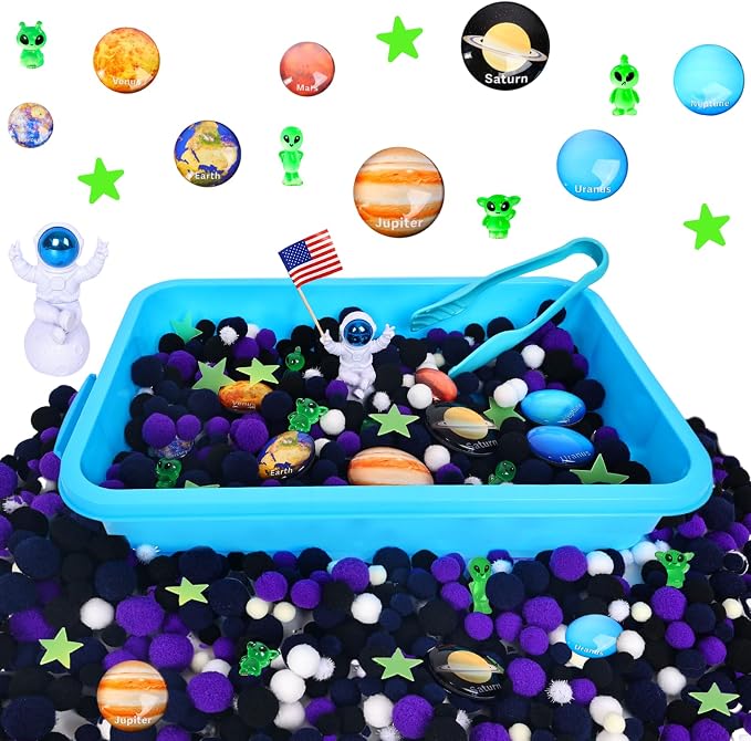 Space Sensory Bin for Toddlers, No-Mess Pom Poms Activity Kit by Unknown