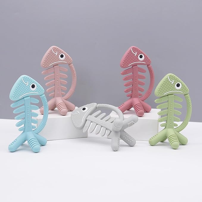 Infant Toys, Teething Toys for Babies 0-6 Months, Baby Teether 3D Fish Hand Pacifier Silicone, Soft-Textured Newborn Infants Baby Toys for Teething Relief 6-12 Months, USA Patent Pending(Grey)