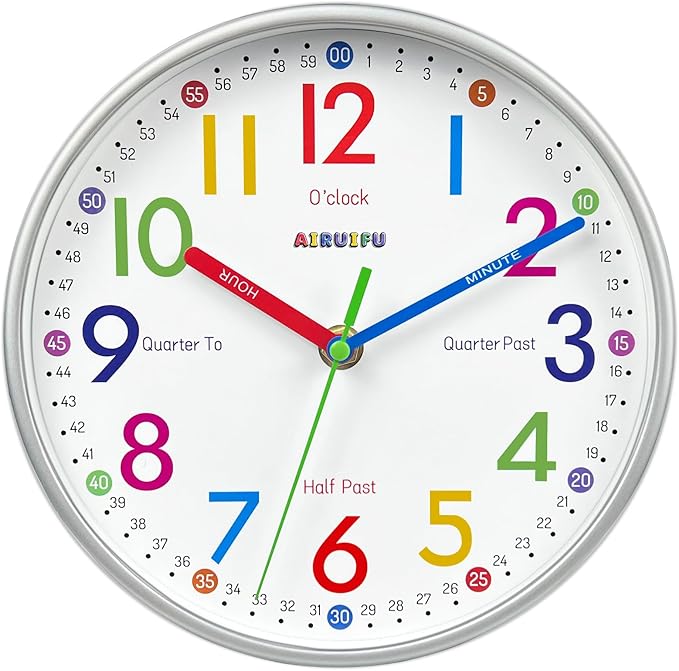 AIRUIFU Wall Clock for Kids Learning Tell Time Easily Non-Ticking Battery Operated Kids Teaching Time Clock- Analog Colorful Clock Decorative for Kids Room Classroom School(8 Inch) by AIRUIFU