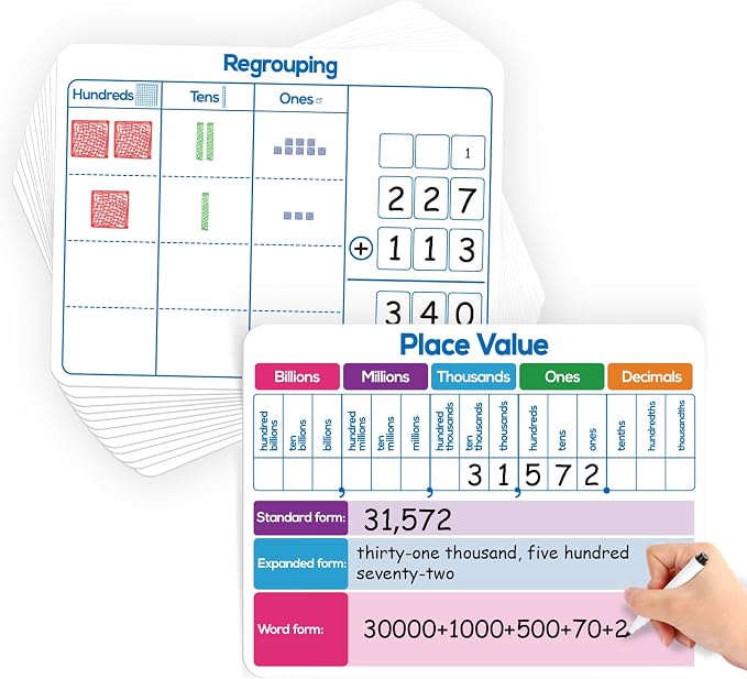 Aizweb 12 Pack Place Value Dry Erase Board Card,12" x 9"Regrouping Base Ten Small Whiteboard Math Manipulatives Addition Subtraction Game for Student Classroom Must Have Homeschool Teacher Supplies by AIZWEB