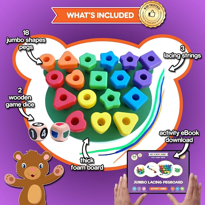 Grab & Stack Jumbo Shapes Pegboard - Sort, Count, Match & Play 18pc + eBook - Image 2